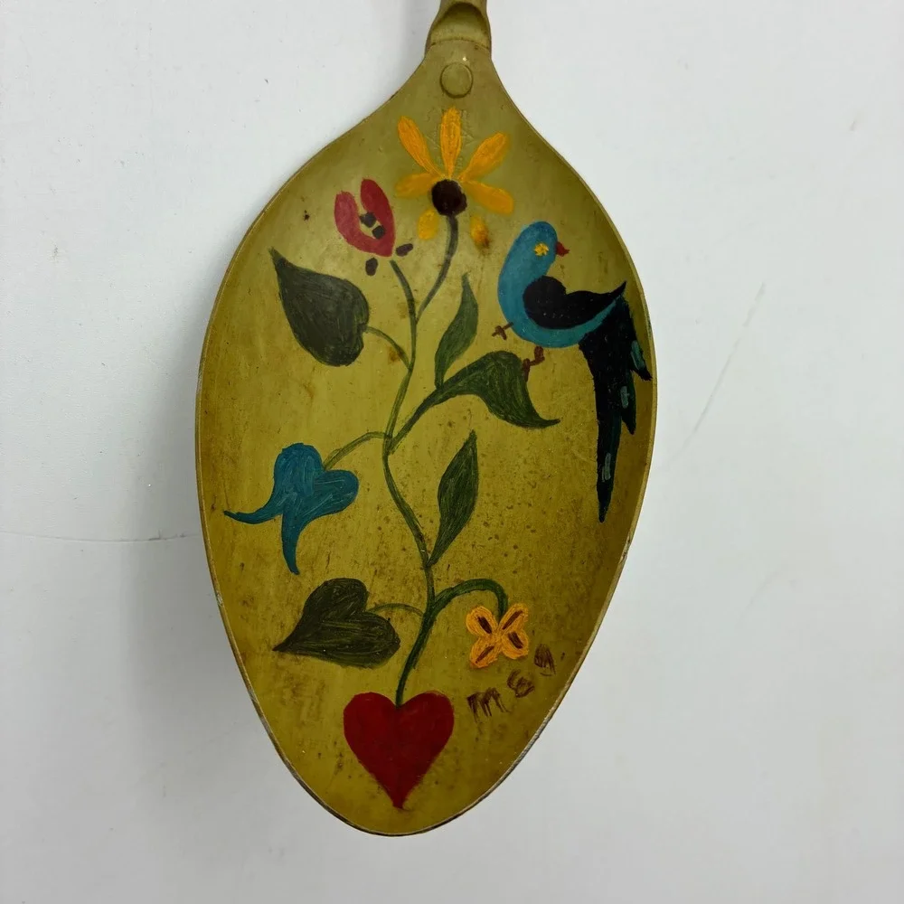 Vintage Hand Painted Folk Art Metal Spoon Blue Bird‎ Hearts Toleware 12 Inch